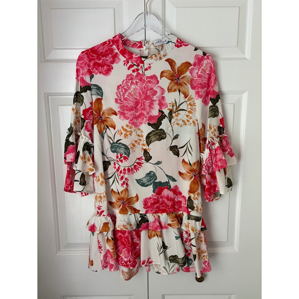 Petal + Pup Peta Dress Womens Size S White Pink Floral Ruffle Mini Dress NO BELT